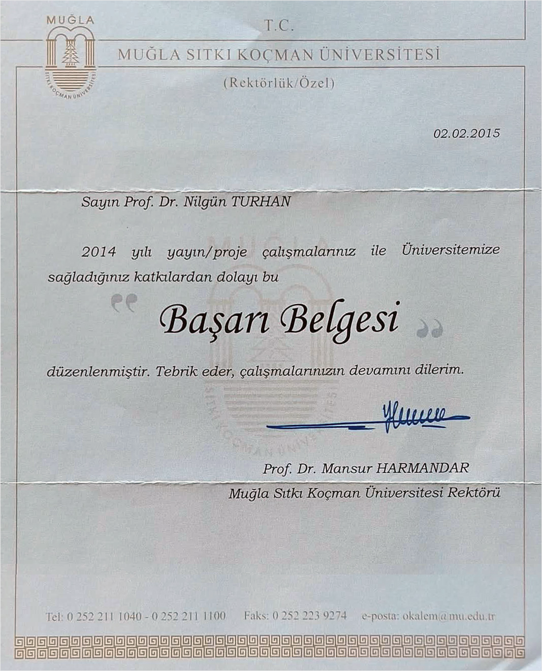Muğla Sıtkı Koçman Üniversitesi Başarı Belgesi Prof. Dr. Nilgün Turhan
